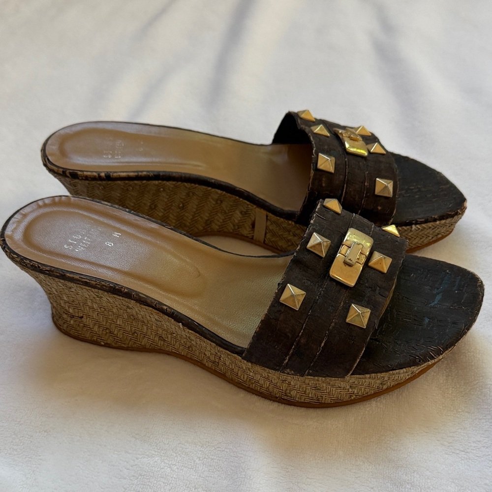 Stuart Weitzman Chocolate Cork Wedge Slide Sandals with Gold Studs